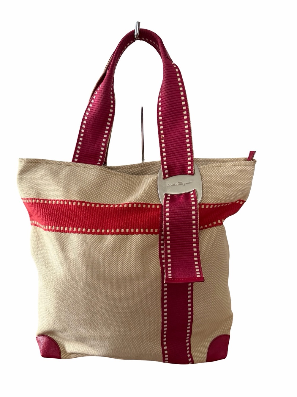 Salvatore Ferragamo Beige Canvas Tote with Red Ribbon and Berry Handles